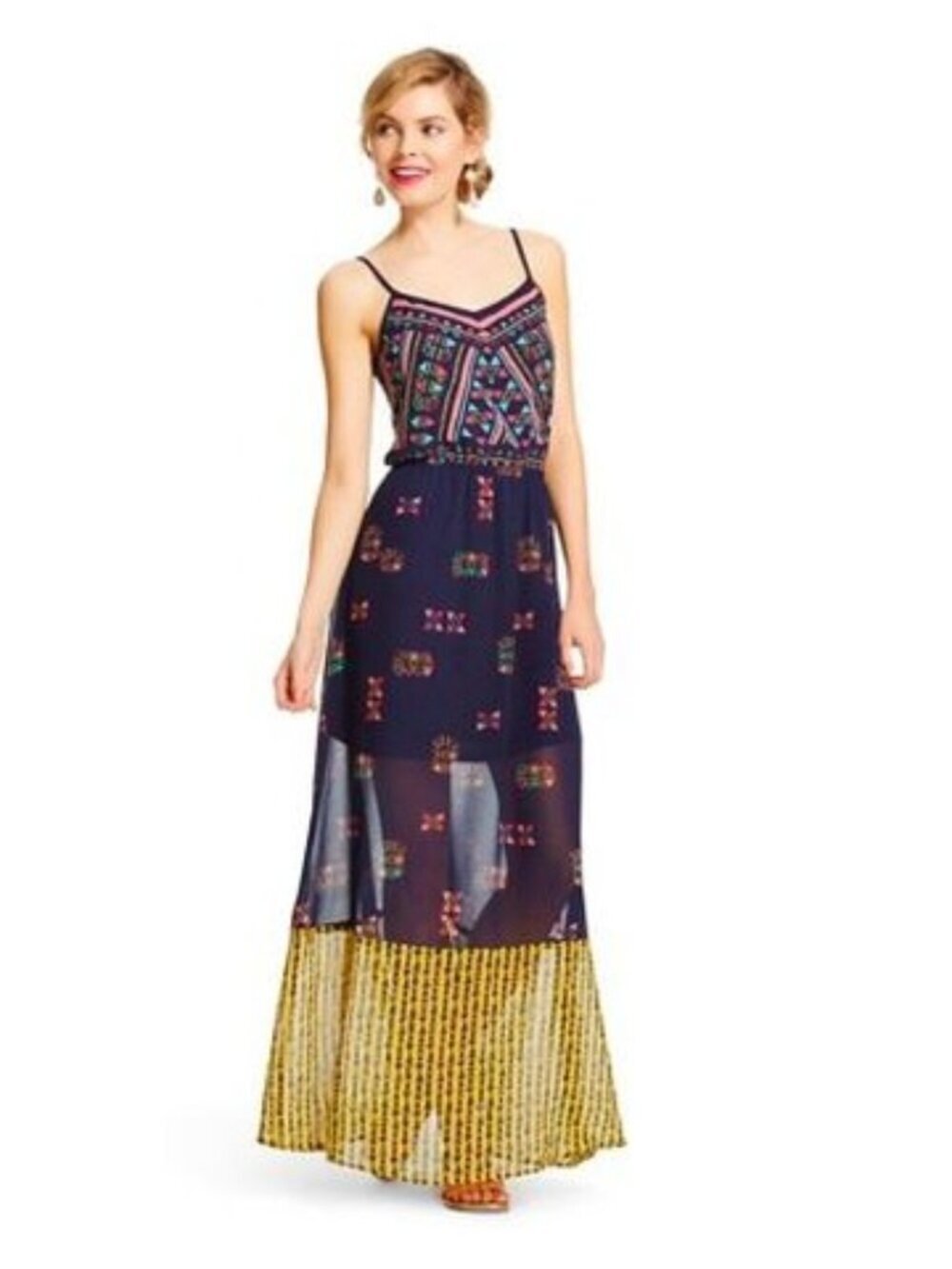 Xhilaration Navy Blue Yellow Aztec Strappy Maxi Boho Dress Women Size Large